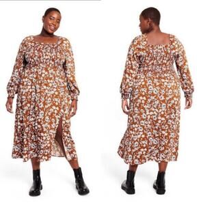 La Ligne x Target Brown & White Floral Smocked Midi Dress Size 4X